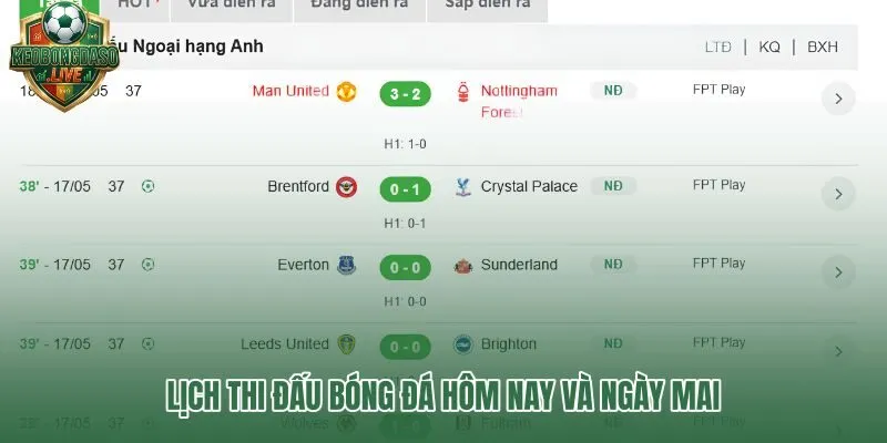 Xem lịch thi đấu bóng đá hôm nay và ngày mai